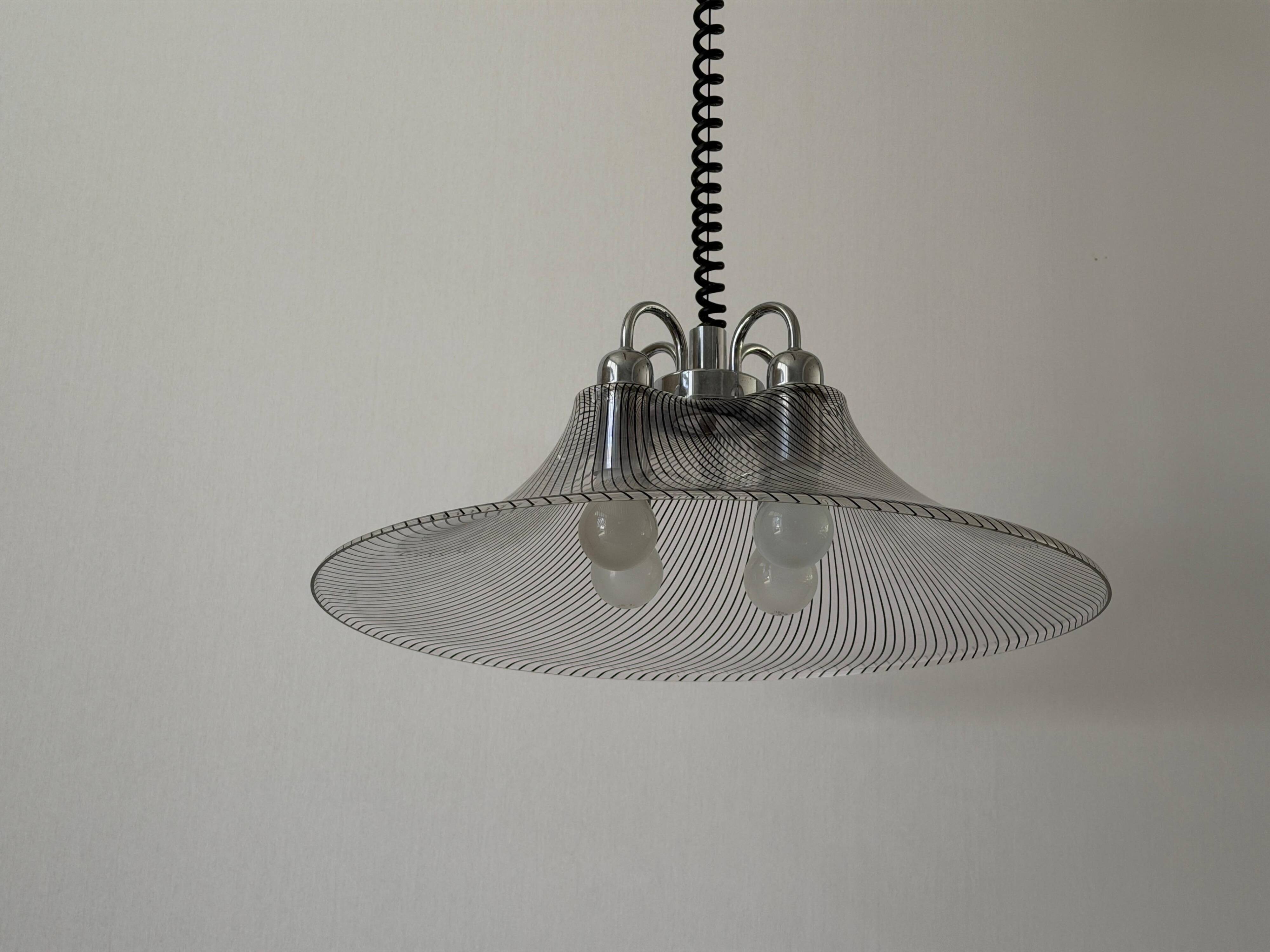 Suspended lamp with 4 sockets, chrome body and plexiglass shade, 1970s, Germany.