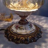 Baroque inspired table lamp, bronze, ceramic flowers and glass globe