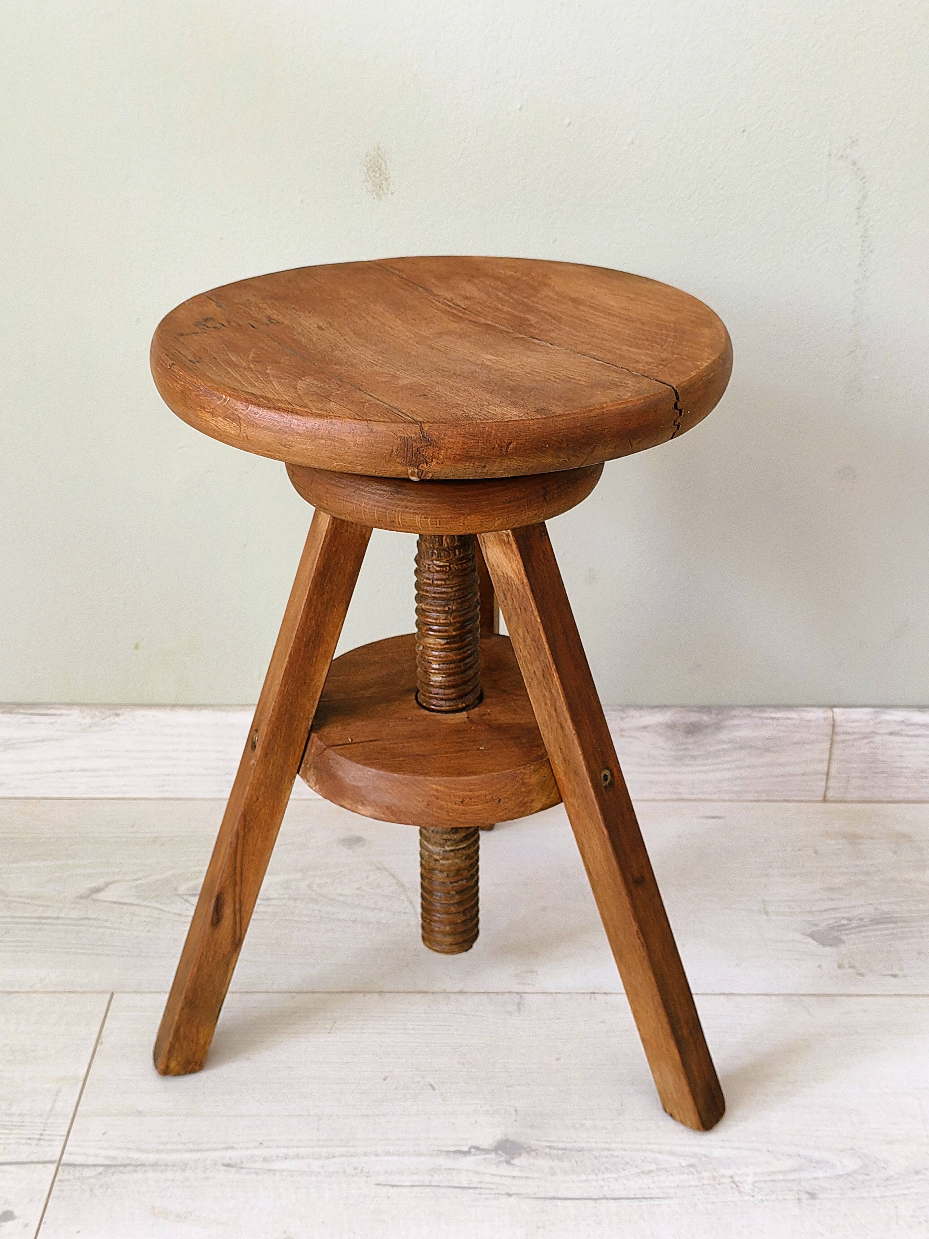 Adjustable vintage workshop stool made of solid wood