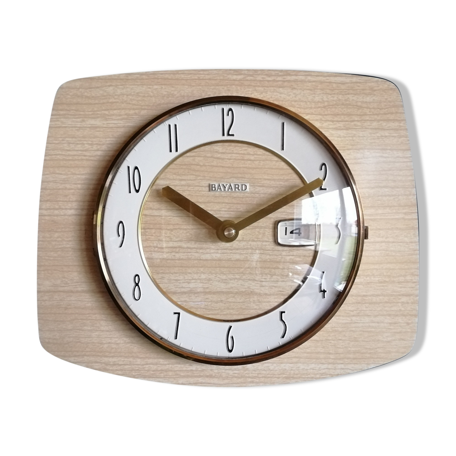 Vintage clock formica silent rectangular wall clock "bayard beige wood"