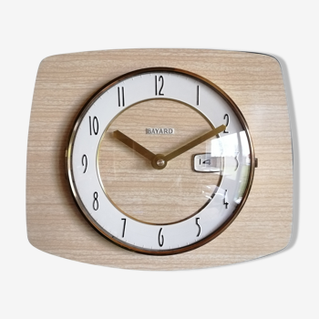 Horloge vintage formica pendule murale silencieuse rectangulaire "bayard bois beige"