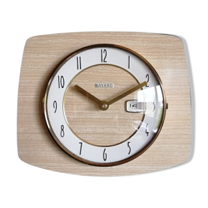 Horloge vintage formica pendule murale silencieuse rectangulaire bayard bois beige