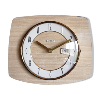 Vintage clock formica silent rectangular wall clock "bayard beige wood"