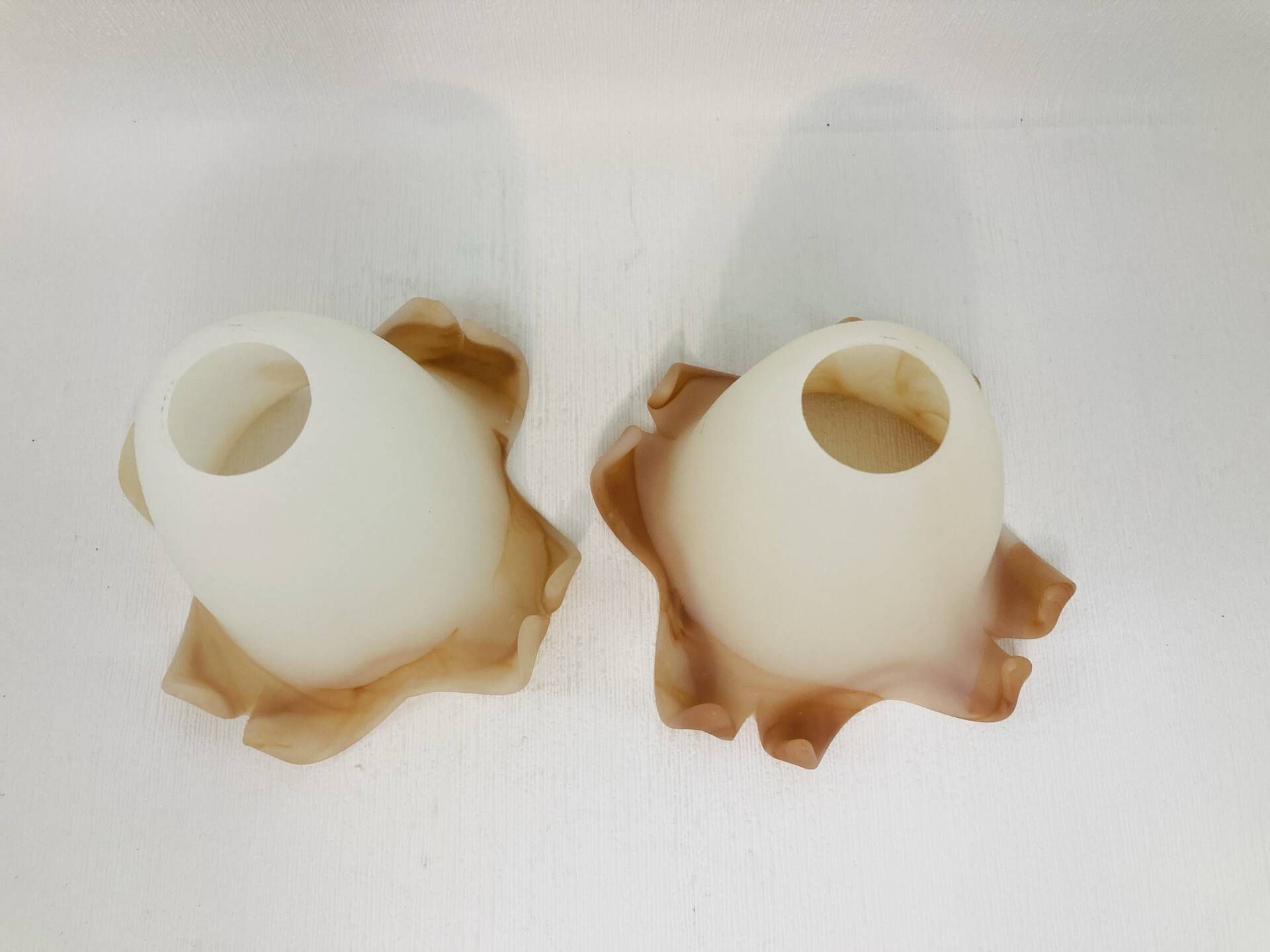 Pair of vintage opaline tulip lampshades with caramel marbled frill edge.