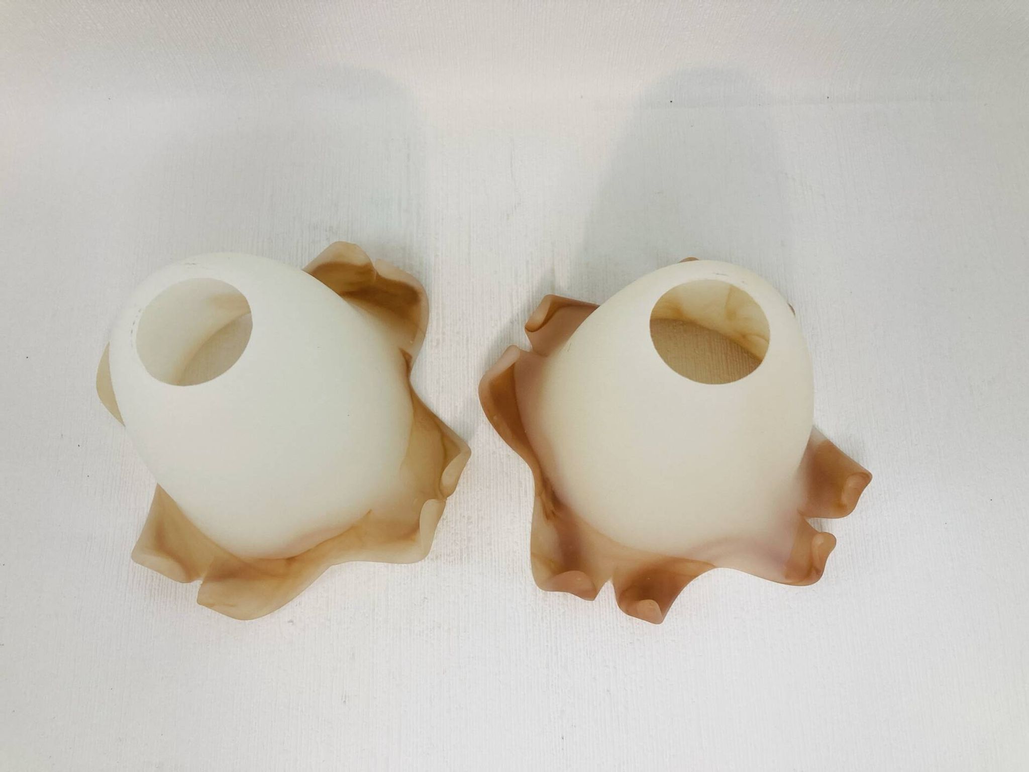 Pair of vintage opaline tulip lampshades with caramel marbled frill edge.