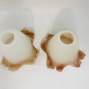 Pair of vintage opaline tulip lampshades with caramel marbled frill edge.
