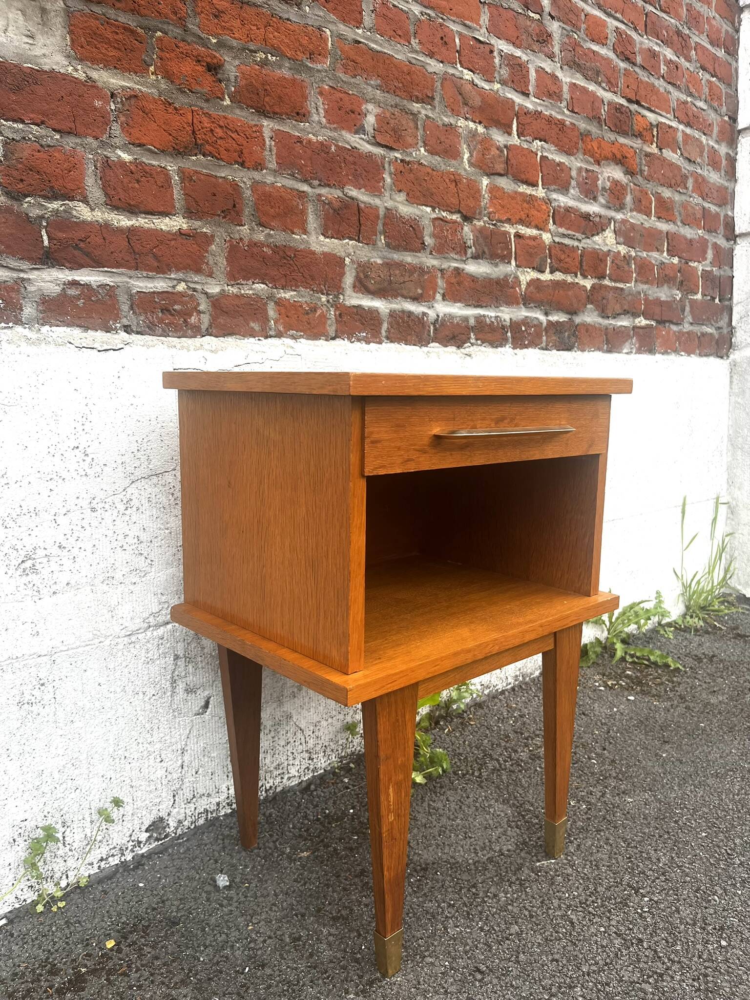 Vintage wooden bedside table / side table with tapered legs.