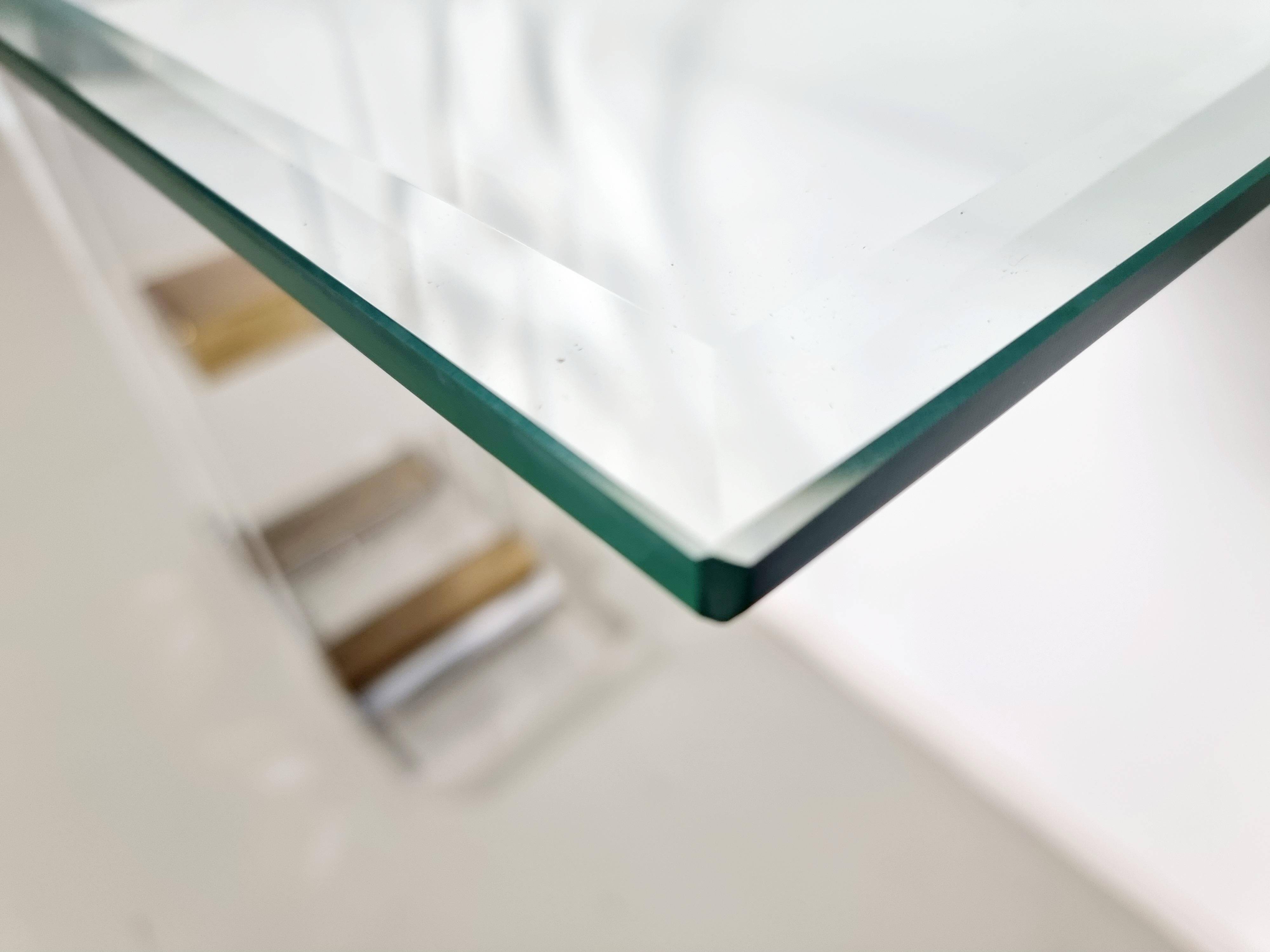 Console table by Charles Hollis Jones in lucite, brass, and glass, 1970.