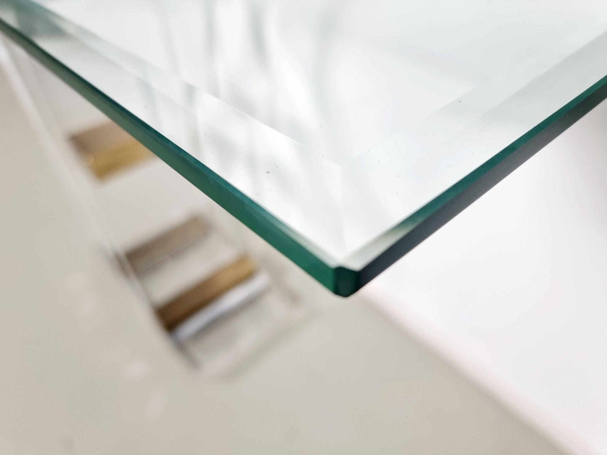 Console table by Charles Hollis Jones in lucite, brass, and glass, 1970.