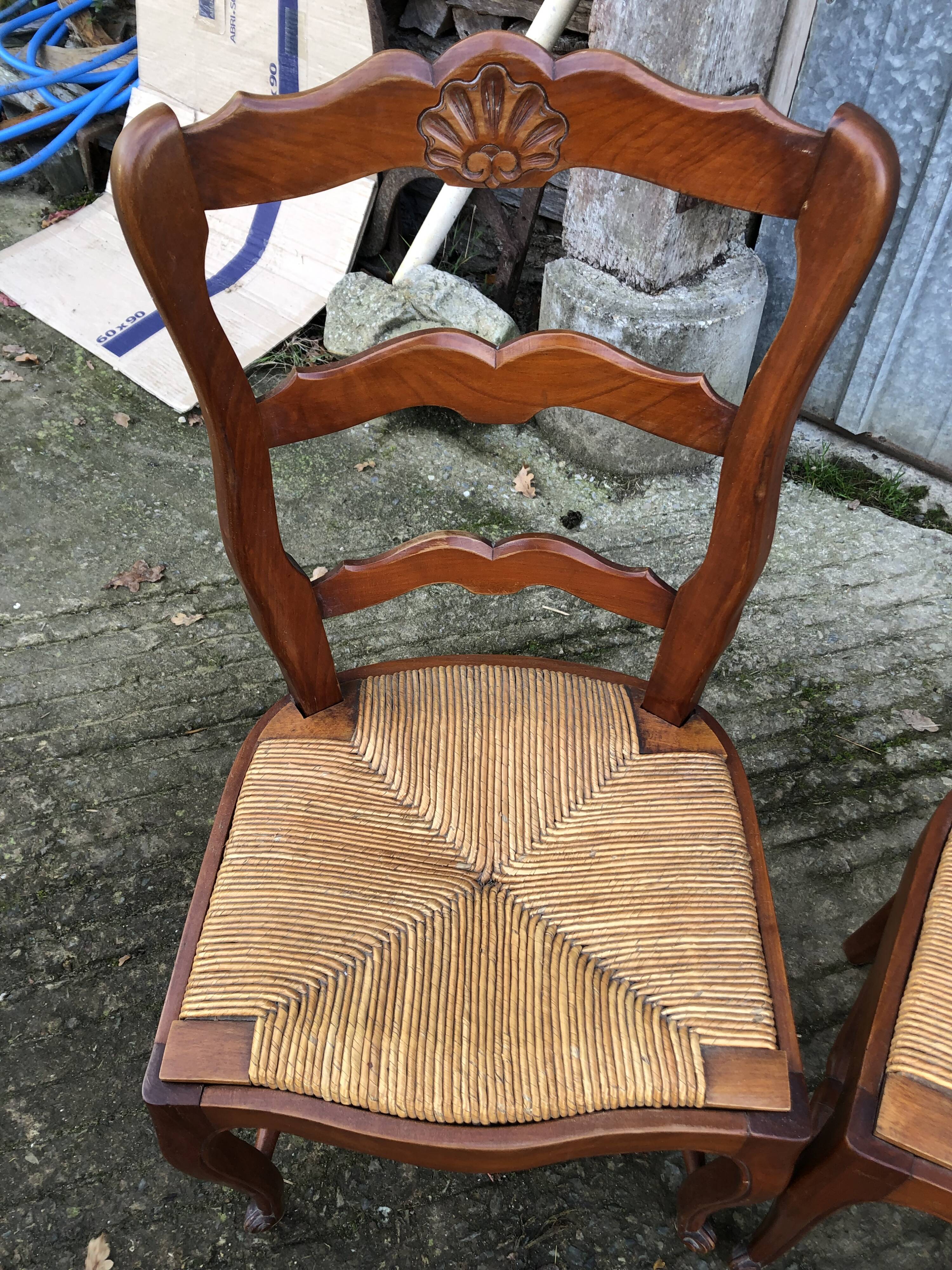 6 rush-seated chairs in solid cherry wood in Louis XV style