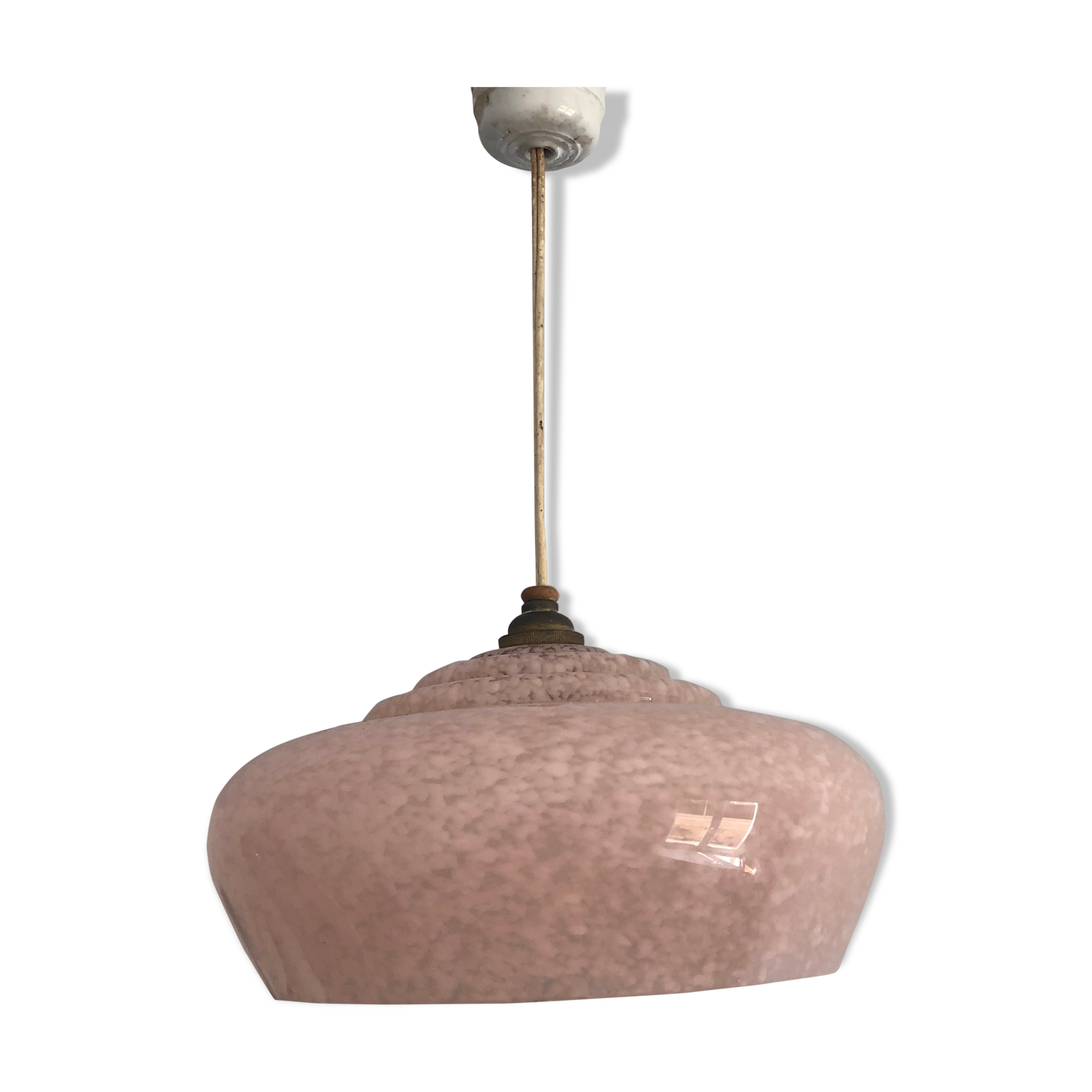 Suspension opaline rose pâle vintage 1940 10x22cm