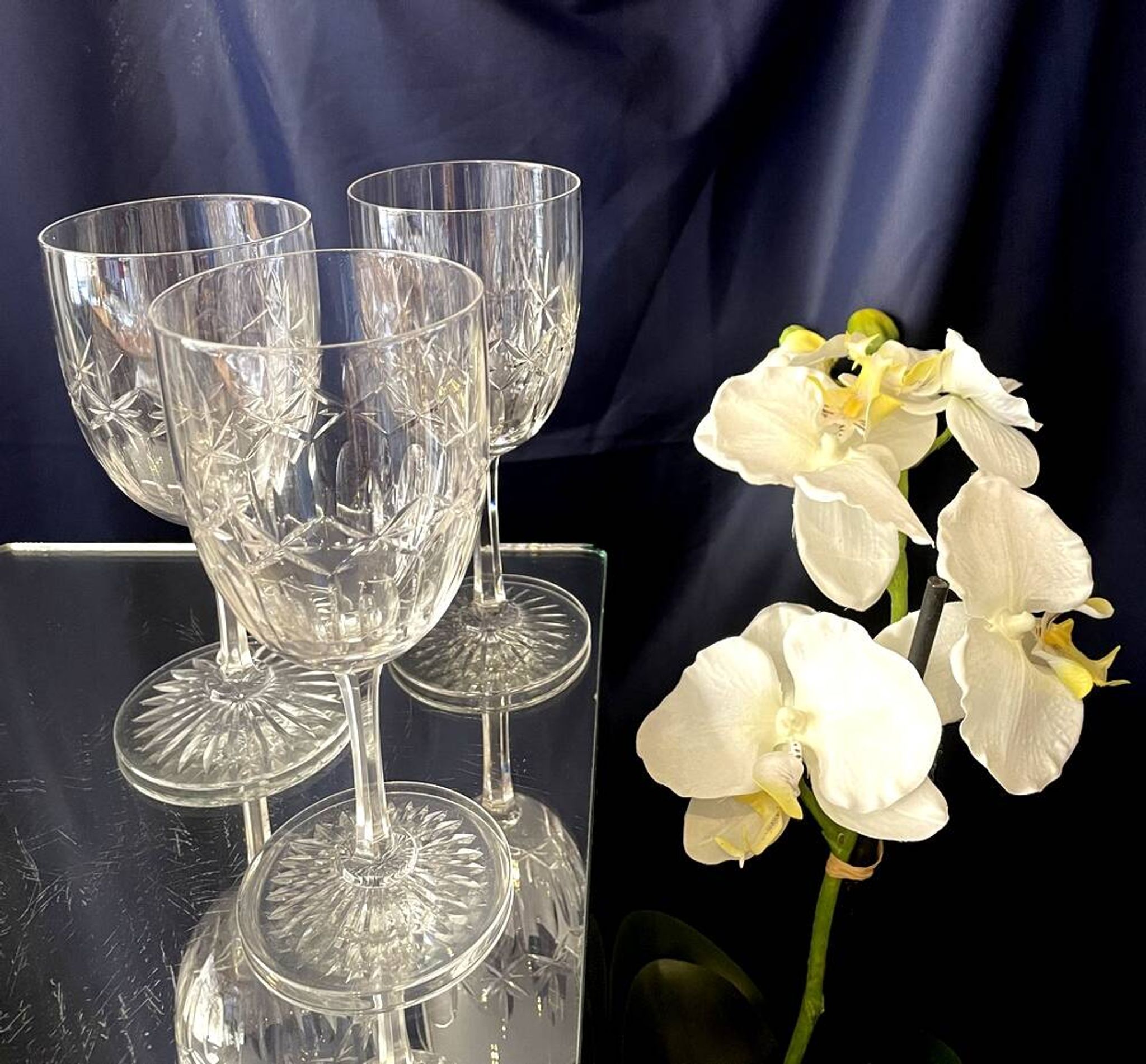 Set of 3 cut crystal water or wine glasses
