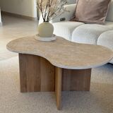 Cloud coffee table in travertine and dark oak.