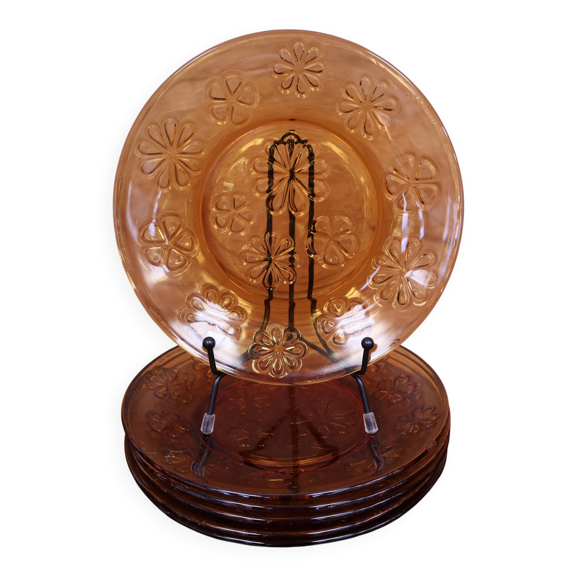 6 vintage floral amber glass dessert plates Vereco from the 70s.