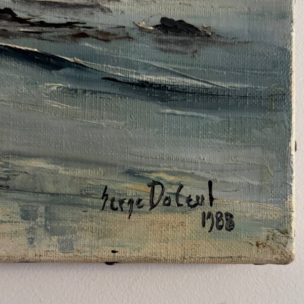 Huile sur toile paysage surréaliste par Serge Doceul 1988 Complicité