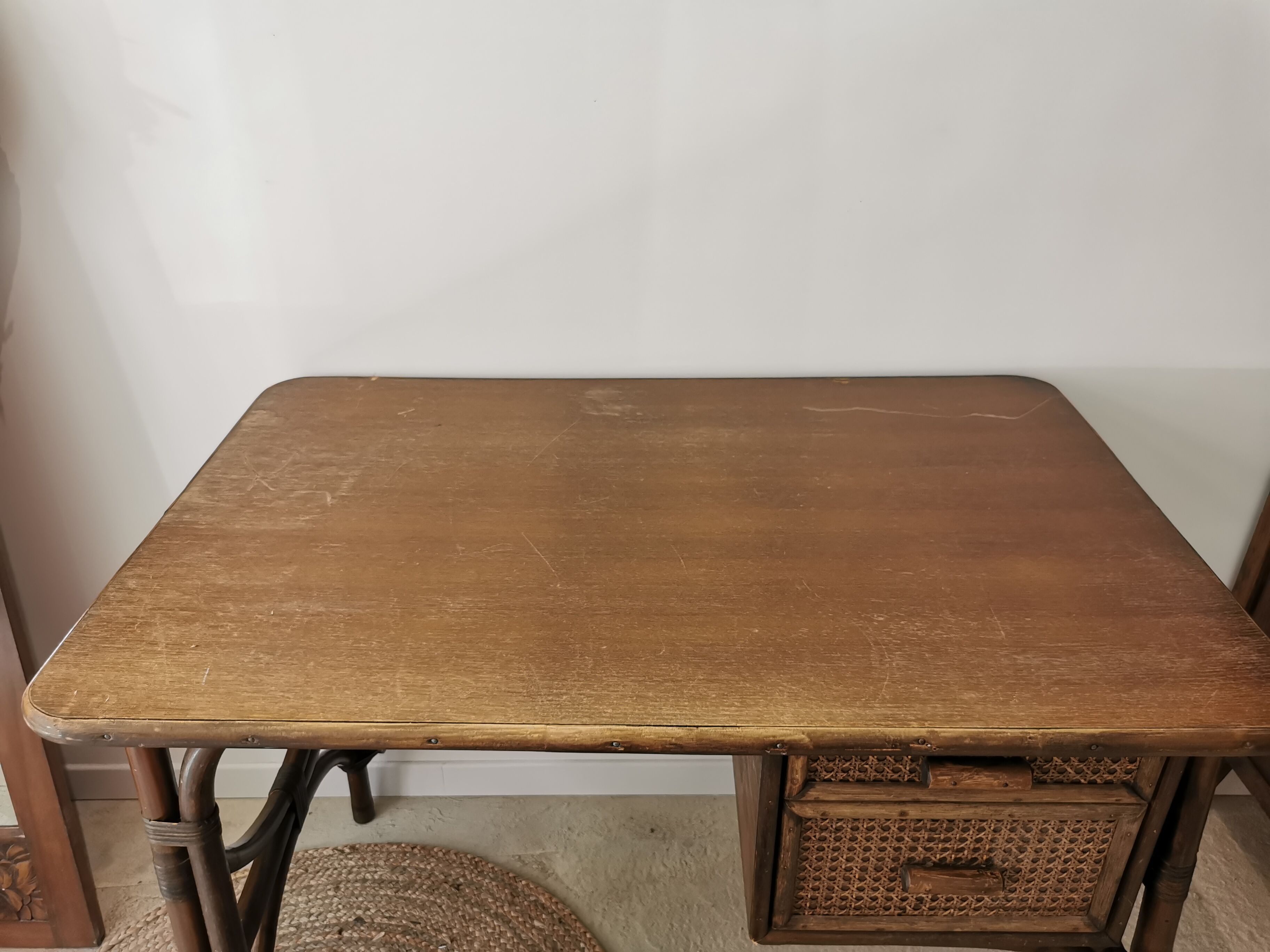Rattan desk and vintage canning