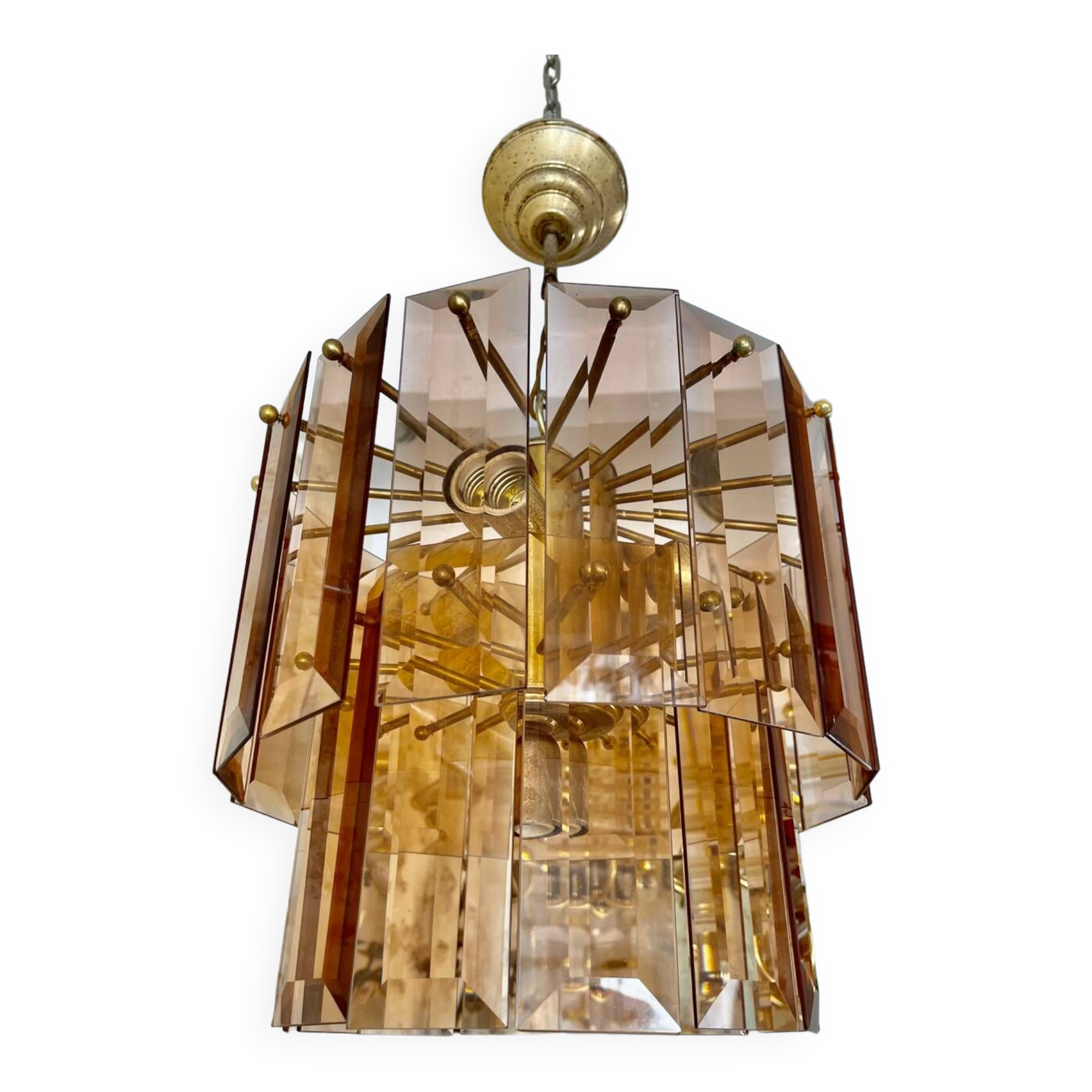 Veca chandelier glass structure brass, Spain 1960