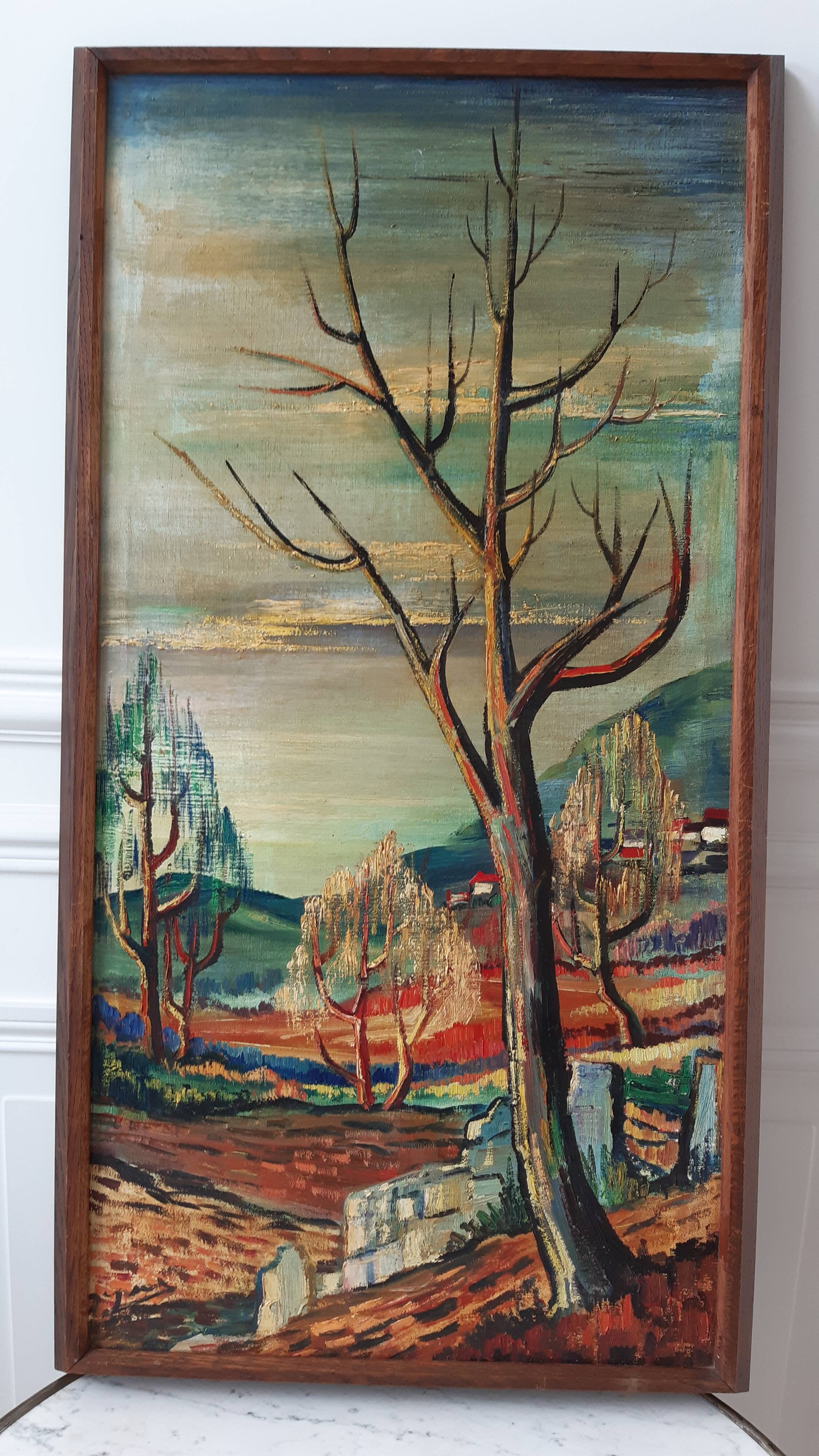 Oil painting on canvas landscape expressionist trees 30-40s signed