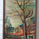 Tableau huile sur toile paysage arbres expressionnistes années 30-40 signé