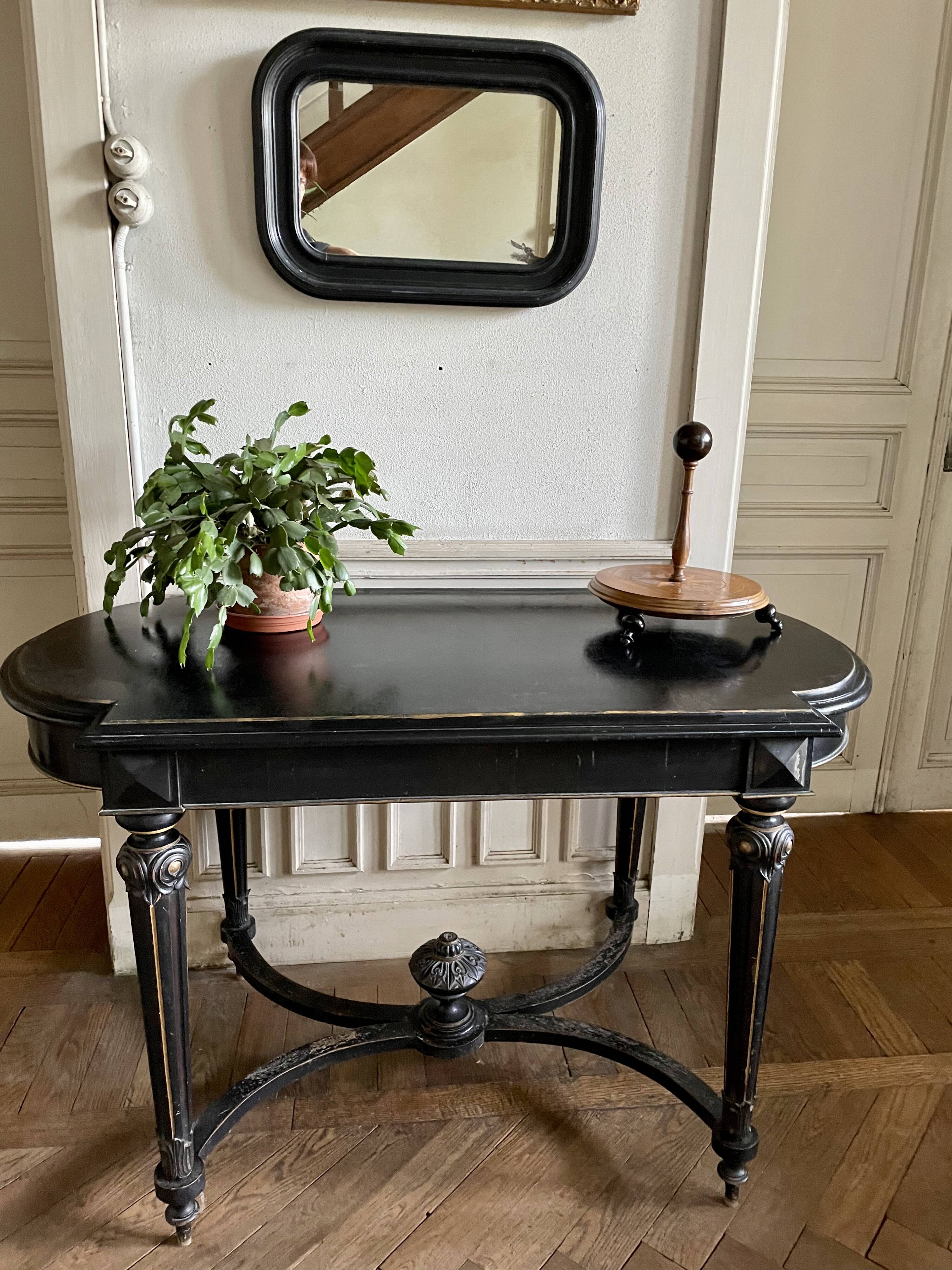 Table Pedestal table Napoleon III XIXth in black and gilded wood