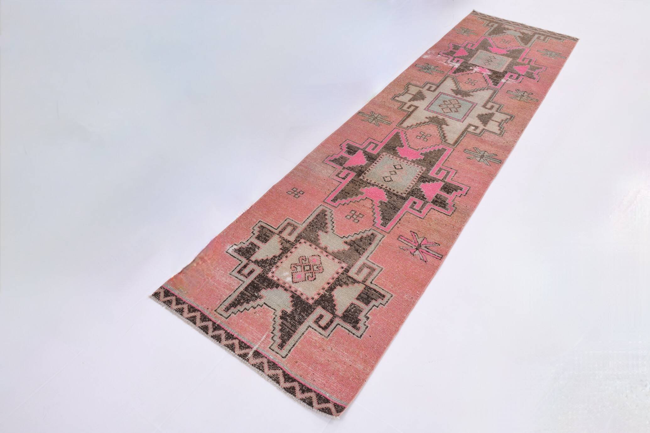 3x10 Salmon & Brown Ikat Pattern Vintage Runner Rug, 82x312Cm