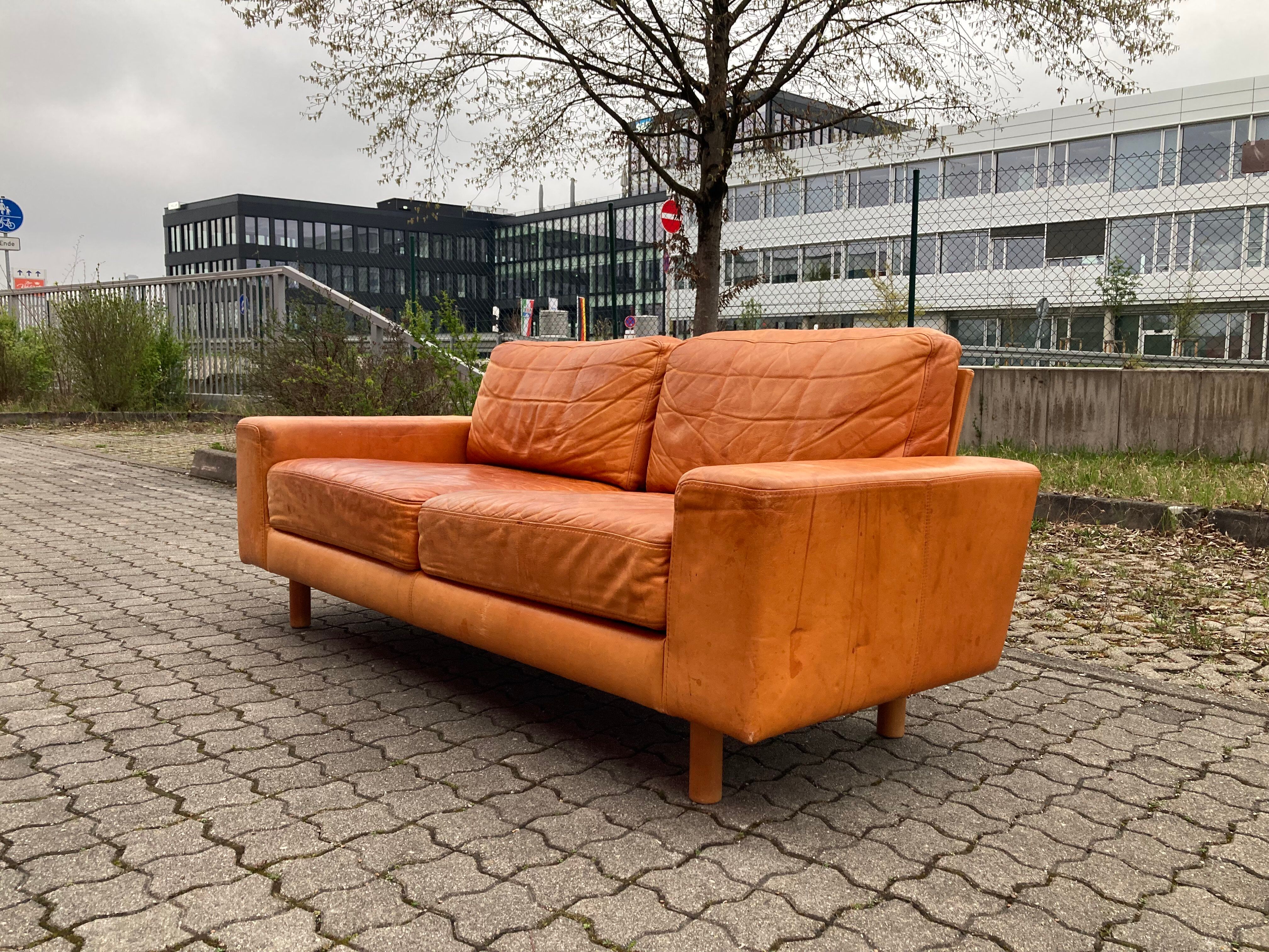 Danish Modern Mid Century Vintage Cognac Leather Sofa