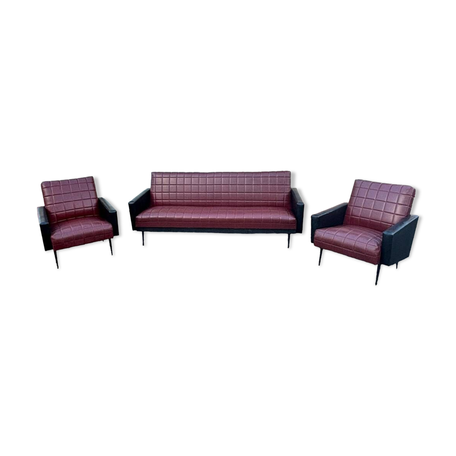 Vintage 70s red and black embossed sofa armchair set