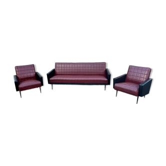 Vintage 70s red and black embossed sofa armchair set