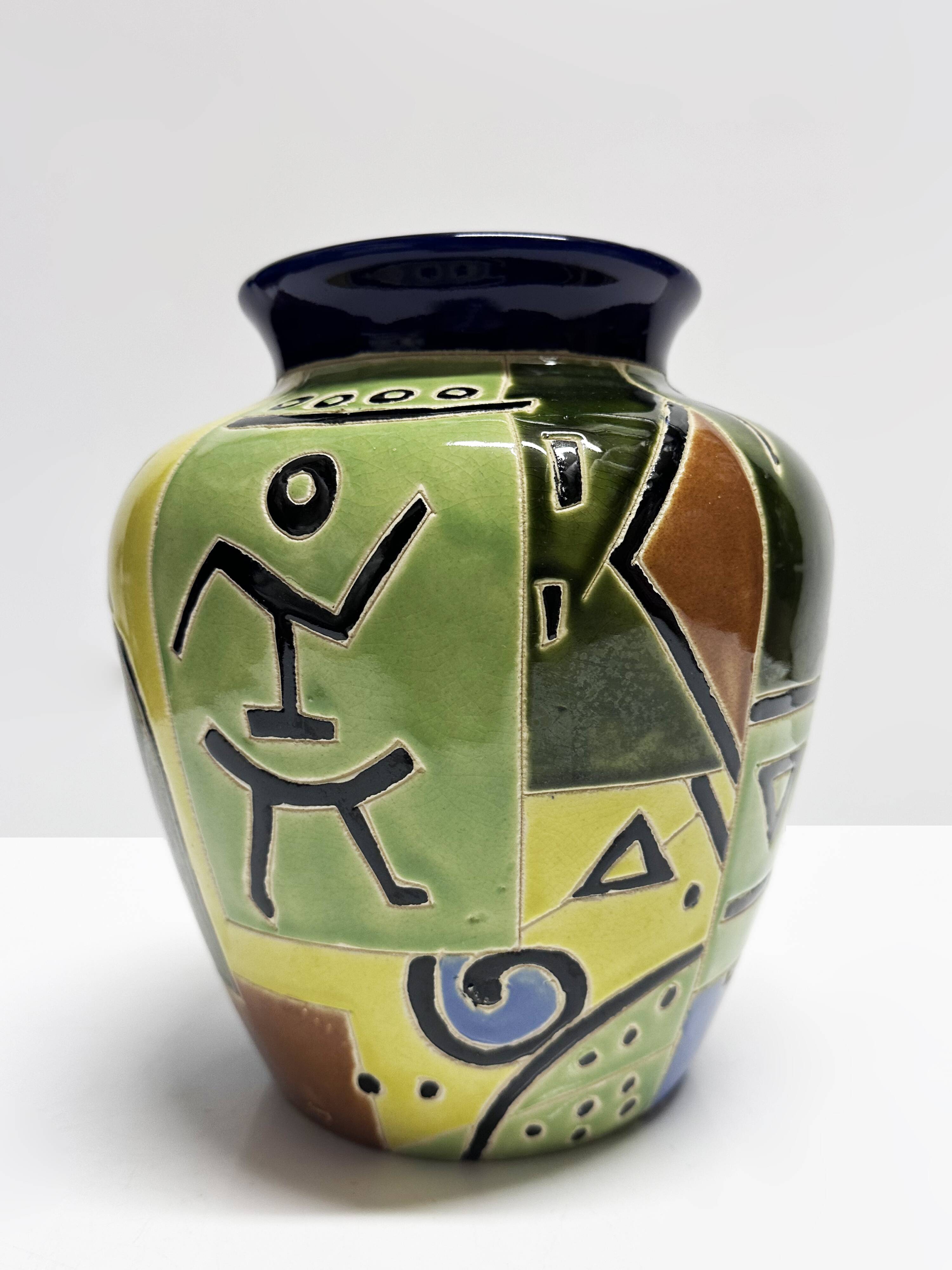 Glazed ceramic vase with Africanist decoration, France 1980s.