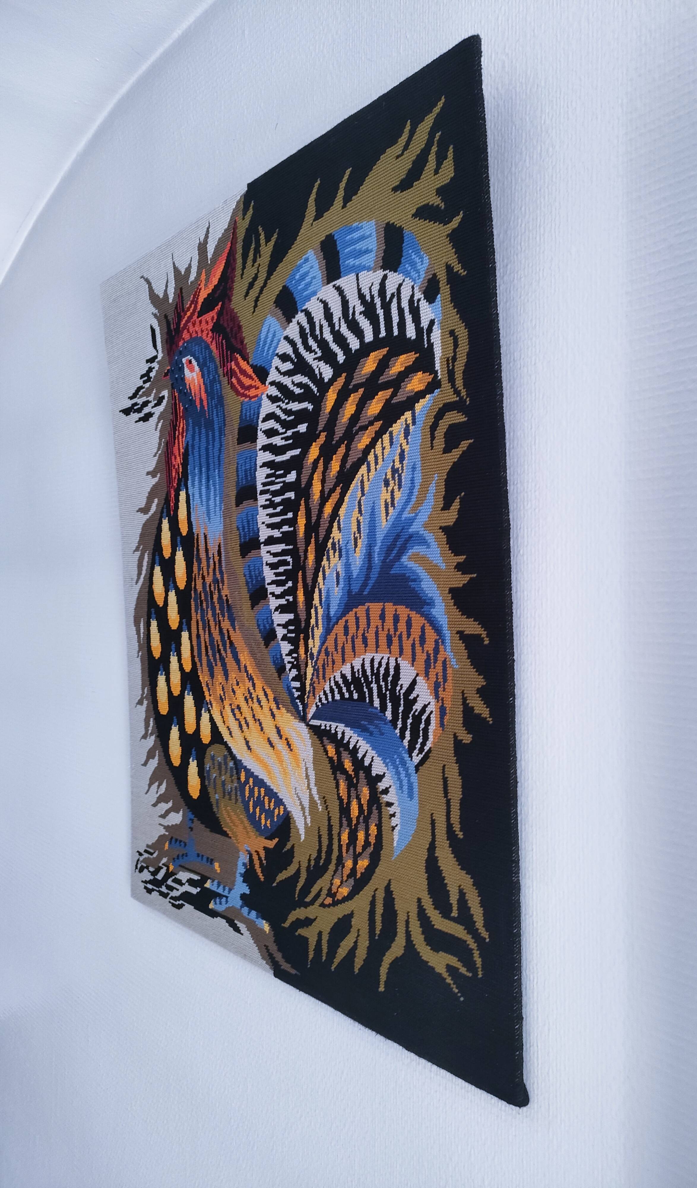 handmade "Aurore" rooster tapestry from the 1970s