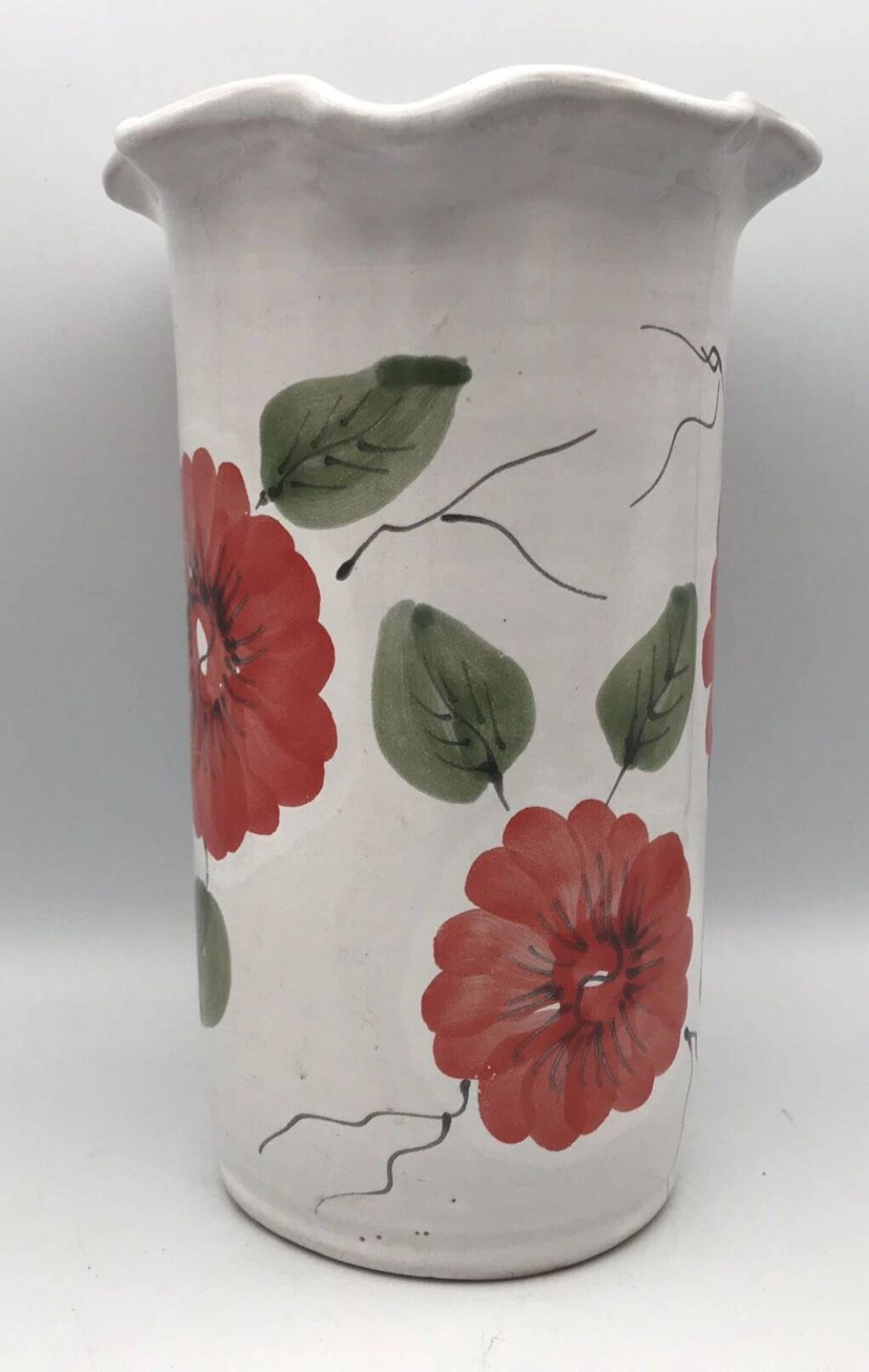 Vase, vintage glazed terracotta pottery, with signed floral decoration