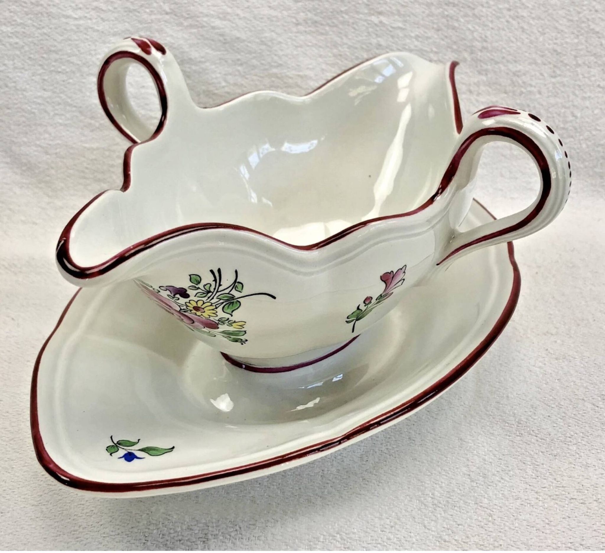 Ancienne saucière faïence Lunéville modèle réverbère rose tulipe