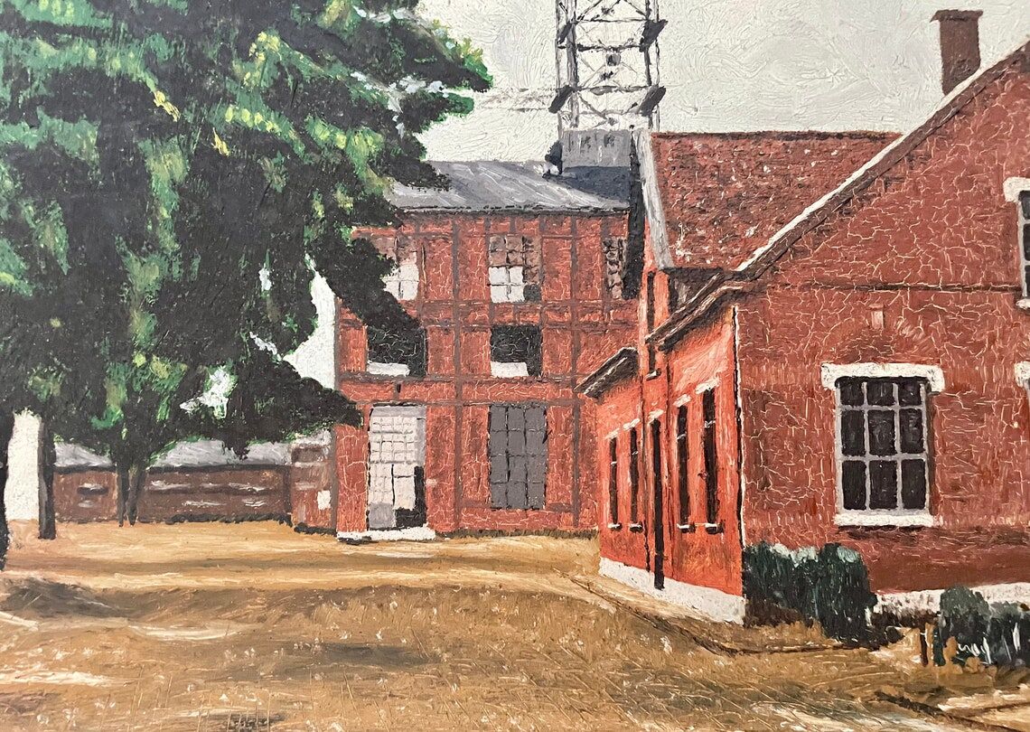 1930s French oil painting on canvas, industrial site with mine in Northern France