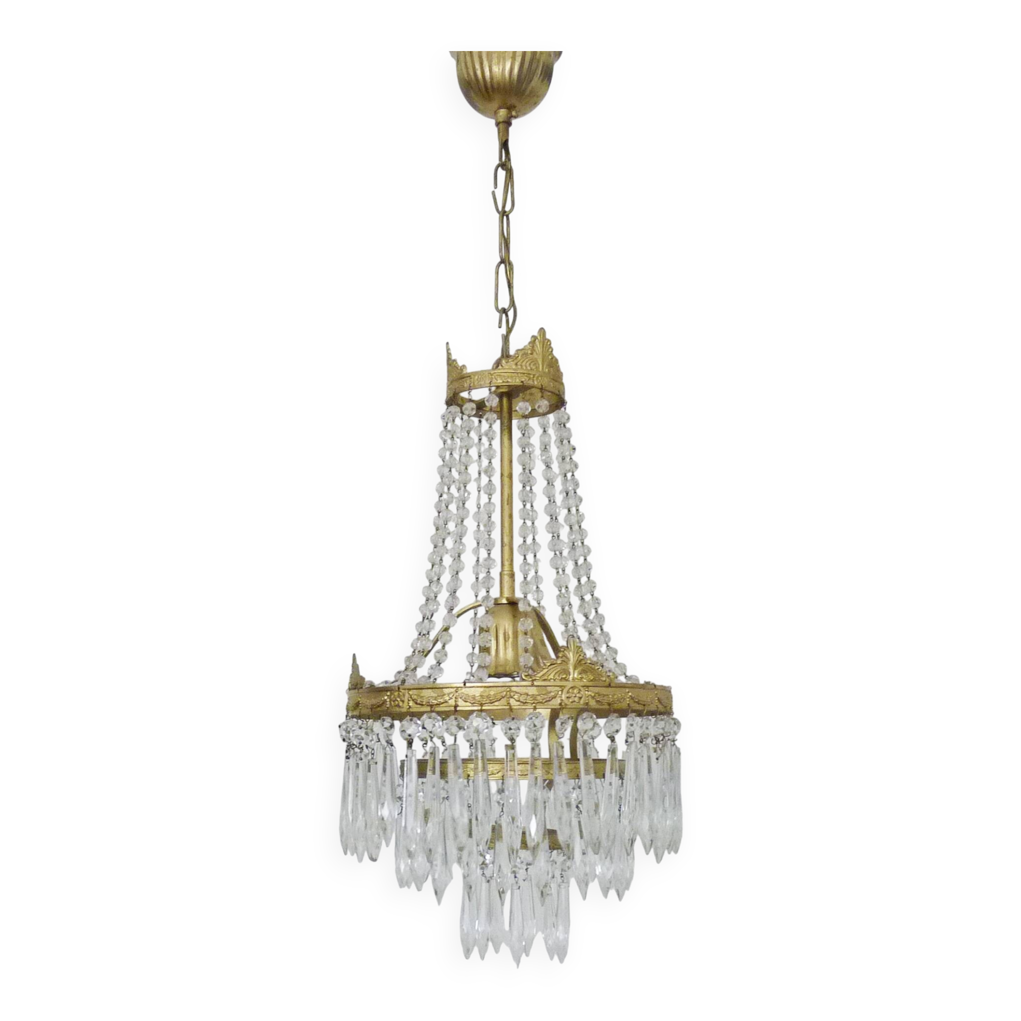 Vintage three-tiered balloon chandelier, glass pendants. 1970s.