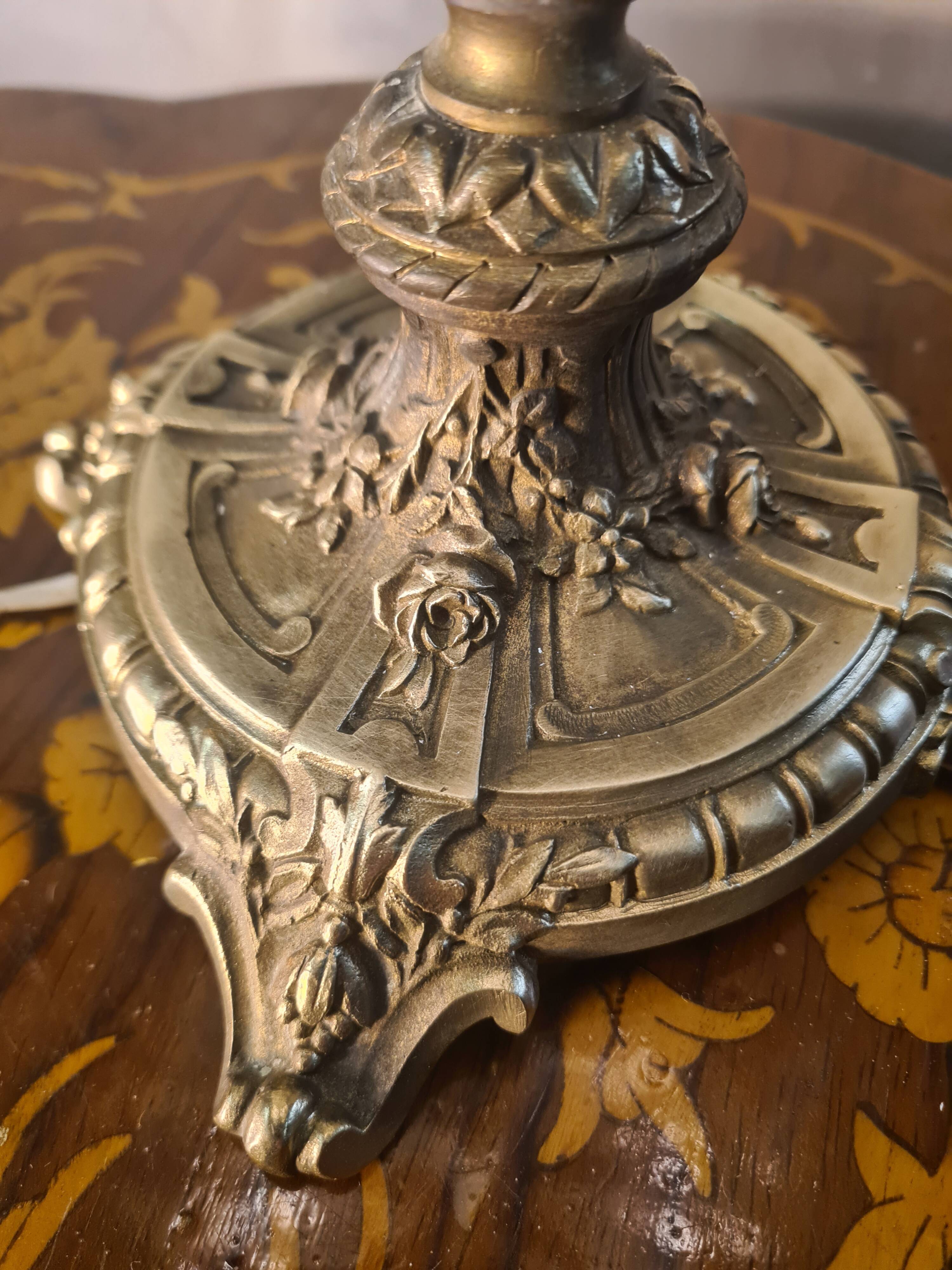 antique 19th century bronze rocaille lamp with a beautiful glass shade soldered with lead