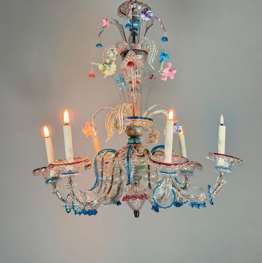 Venetian Rezzonico chandelier in multicoloured Murano glass circa 1900