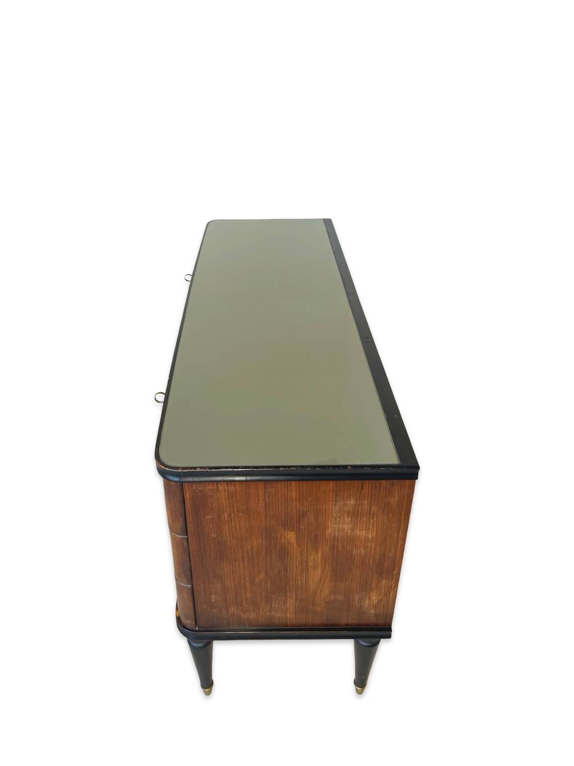 Commode en acajou plaqué avec plateau en verre vert, années 1950