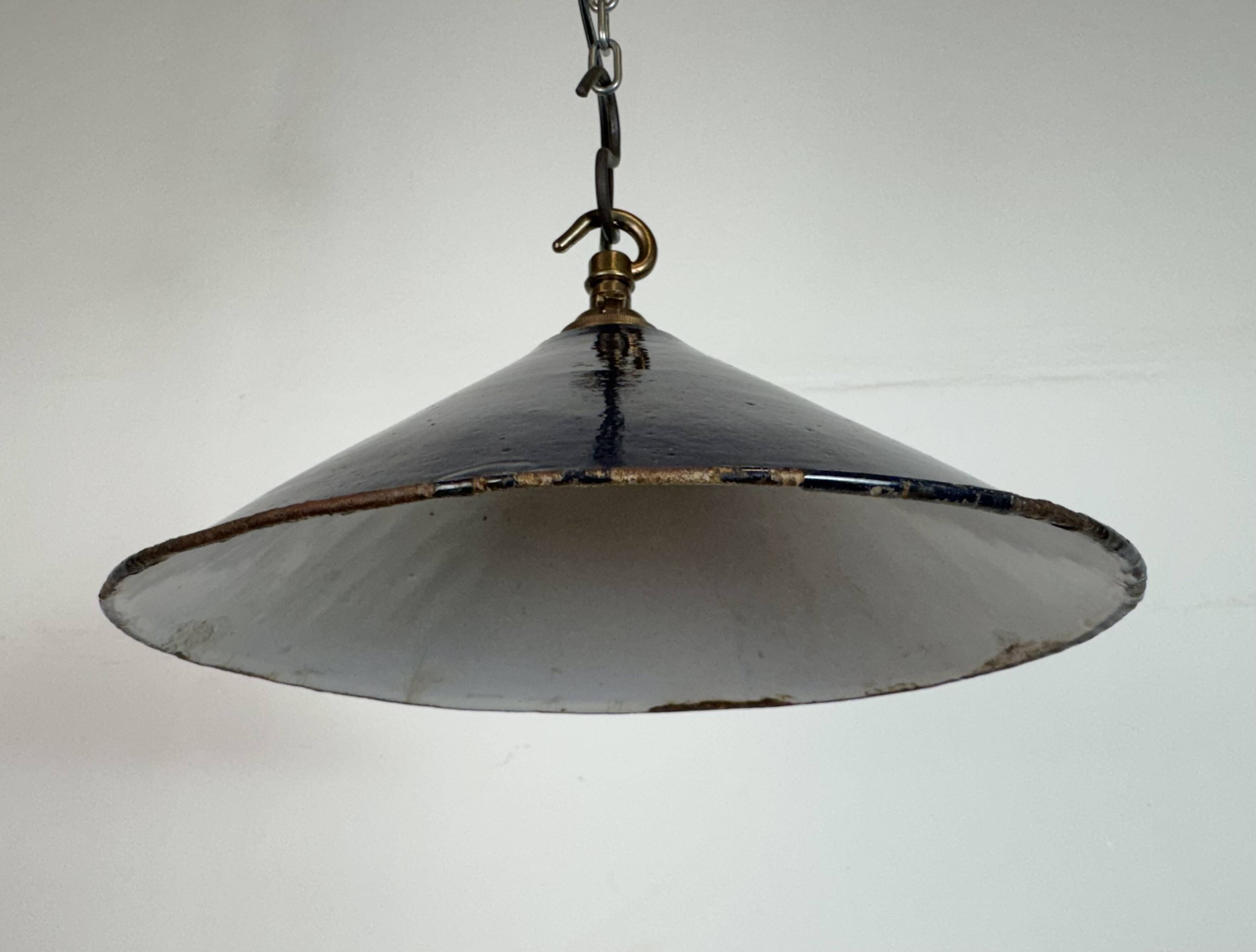 Industrial British Dark Blue Enamel Factory Pendant Lamp, 1950s