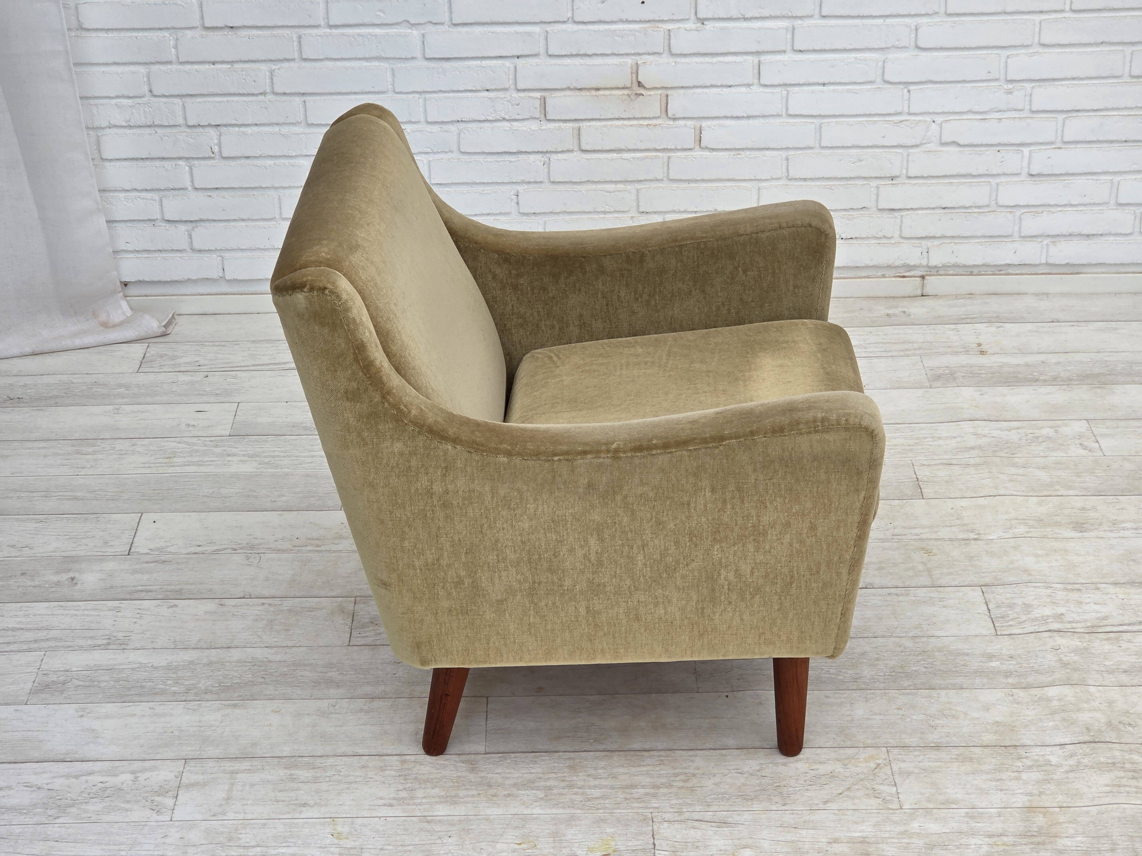 1970s, Danish armchair, original green furniture velour, teak wood legs.