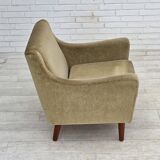 1970s, Danish armchair, original green furniture velour, teak wood legs.
