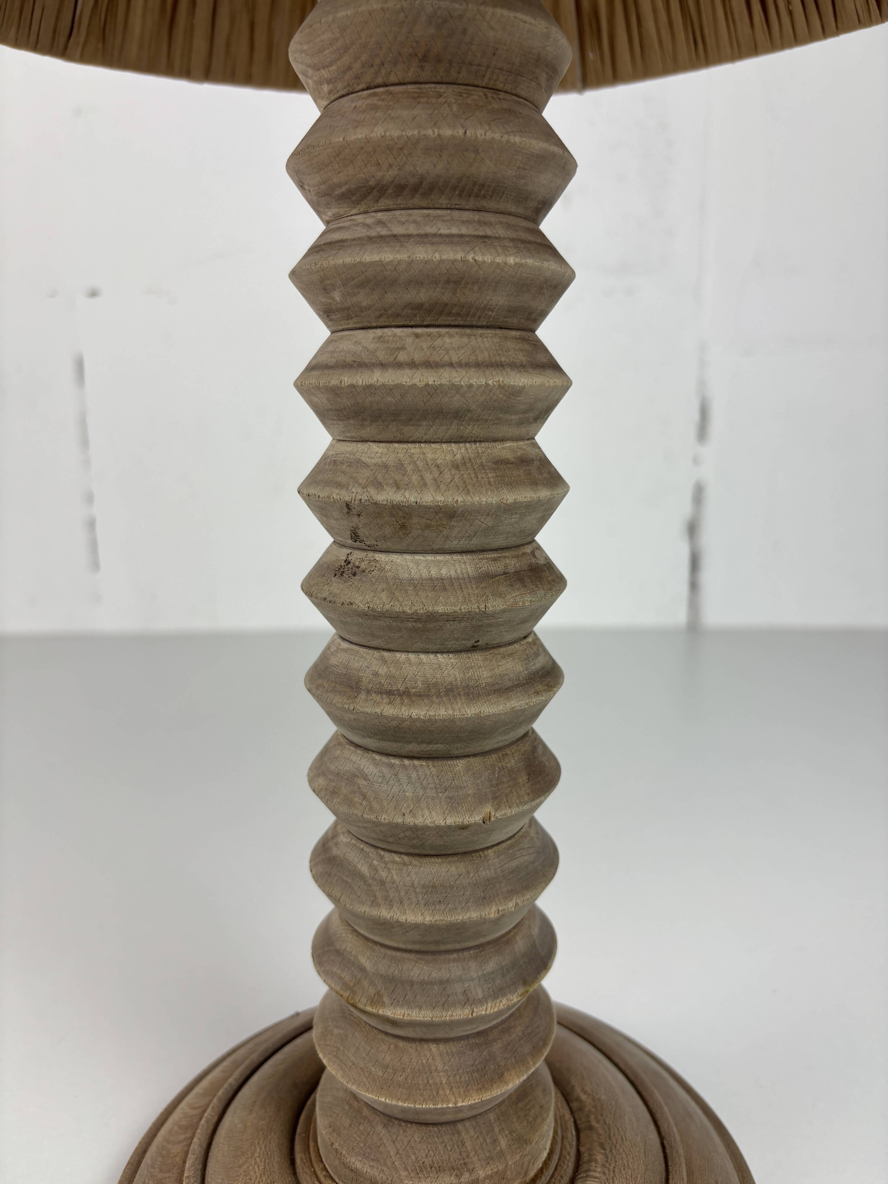 Wabi sabi brutalist wood turned table lamp in the style of Charles Dudouyt