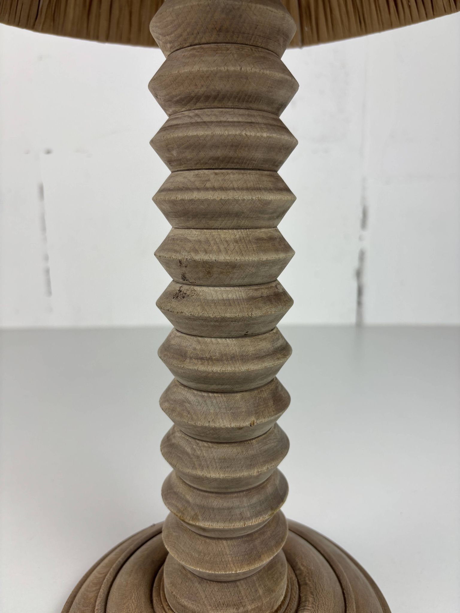 Wabi sabi brutalist wood turned table lamp in the style of Charles Dudouyt