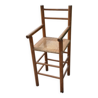Chaise haute d'enfant en bois et cannage
