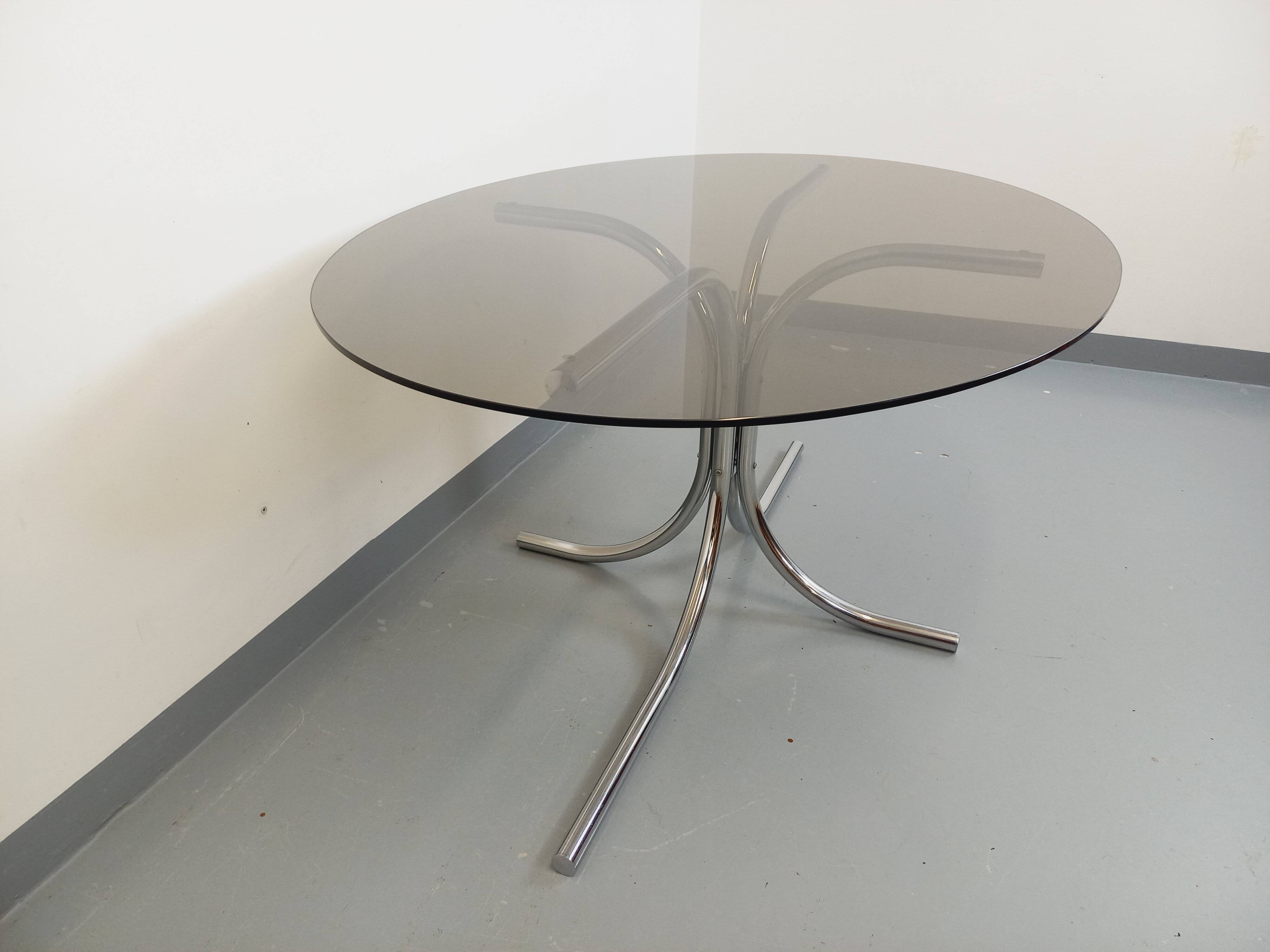 Vintage oval dining table in smoked glass and chrome metal