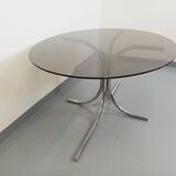 Vintage oval dining table in smoked glass and chrome metal