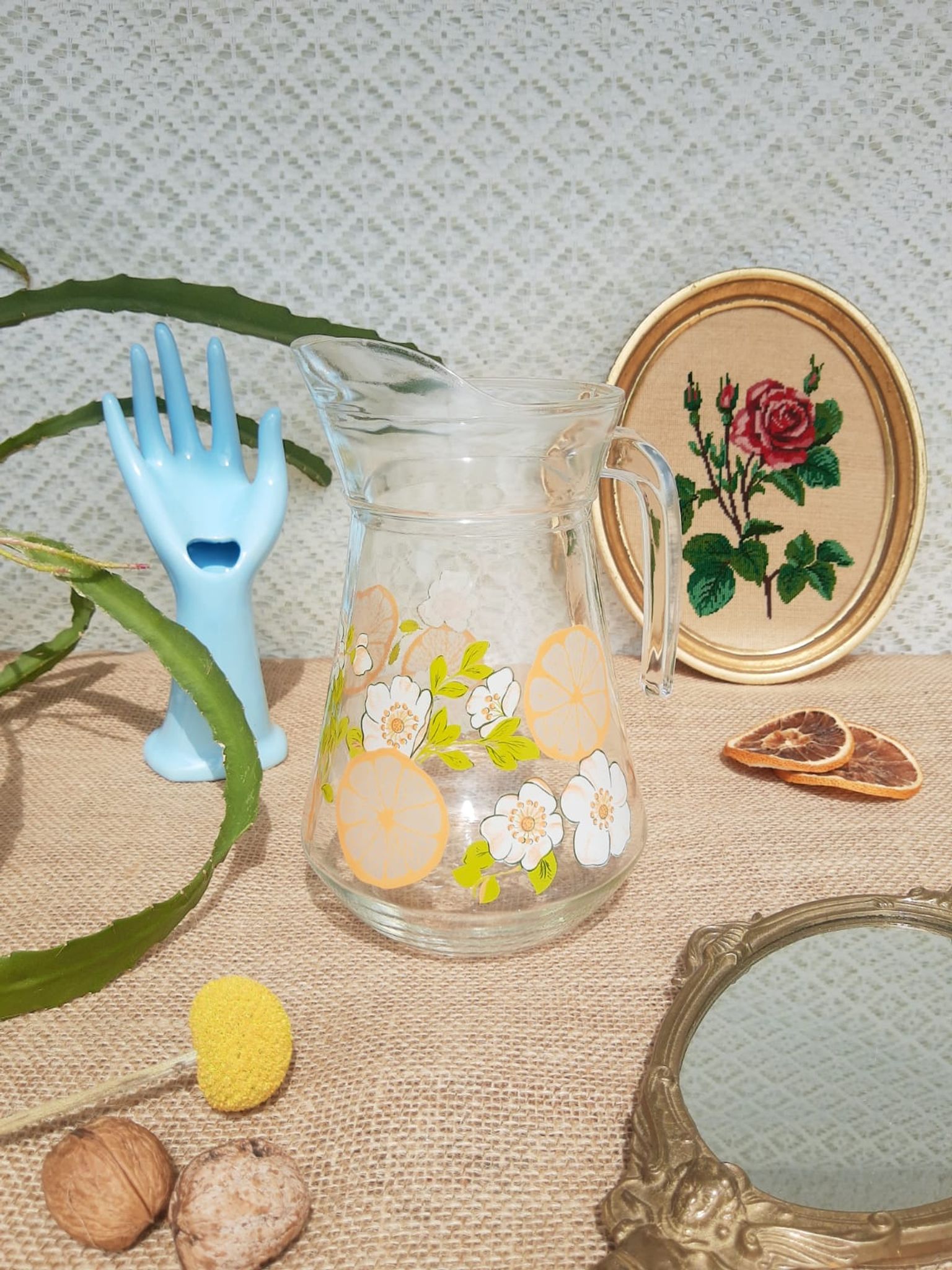 Carafe patterns flowers in glass -vintage