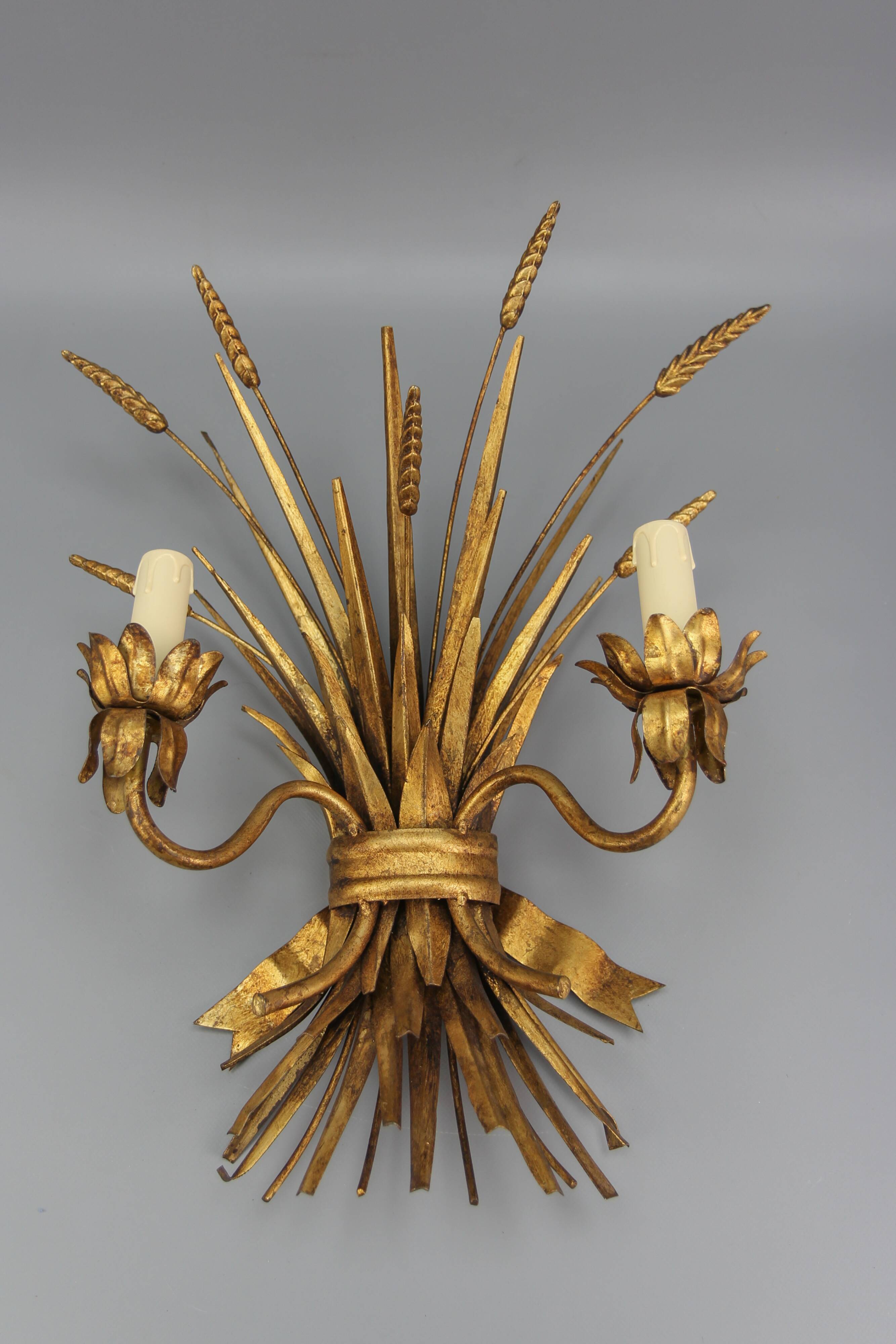 Gilt metal wheat sheaf two-light wall sconce