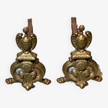 Pair of andirons in gilded metal and bronze