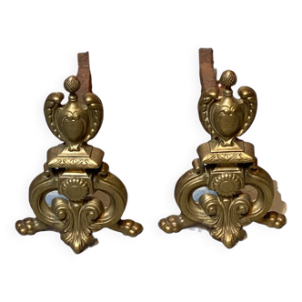 Pair of andirons in gilded metal and bronze