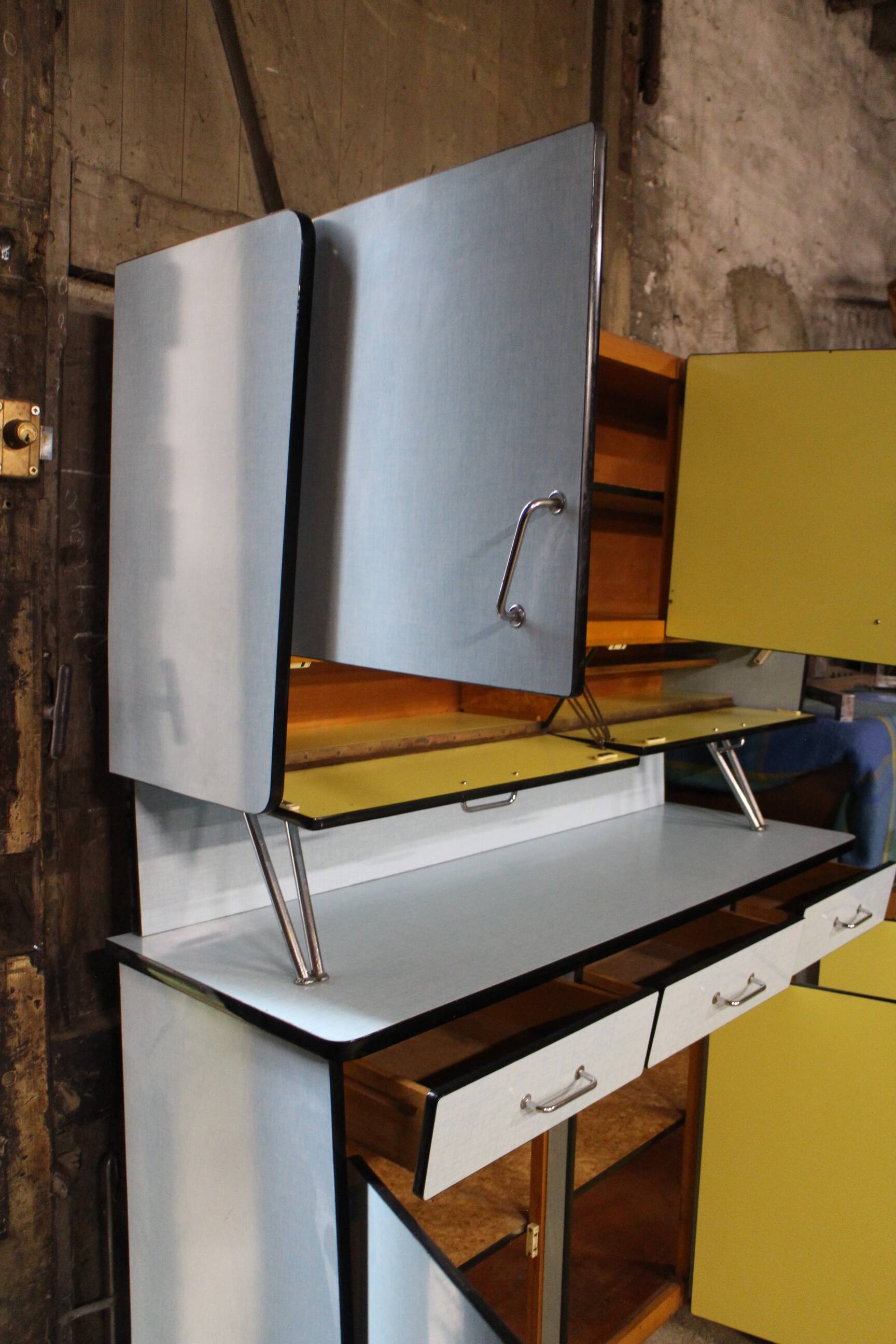 complete kitchen in blue formica buffet table and chairs